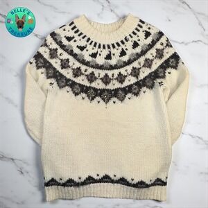 LOFT Women M Fair Isle Alpaca Wool Nordic Knit Sweater Cream Gold Jeweled Petite